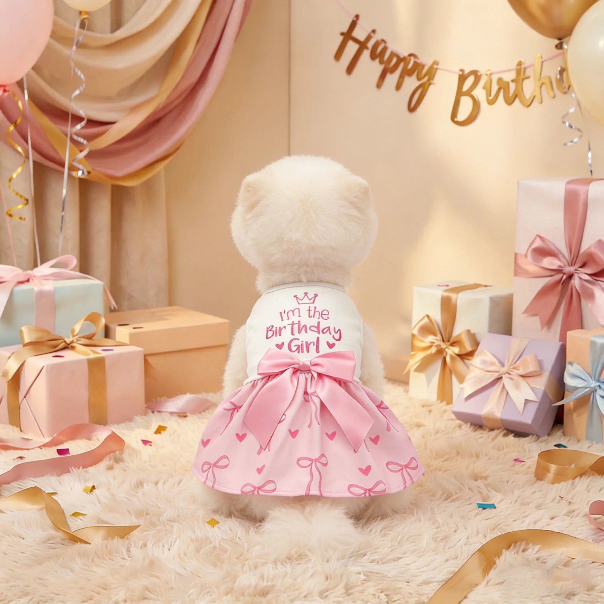 Hunde-Geburtstagsparty-Kleid mit Schleife & Kronen-Print, Geburtstagskleid für Haustiere, Niedliches Prinzessinnen-Outfit für Kleine und Mittelgroße Hunde