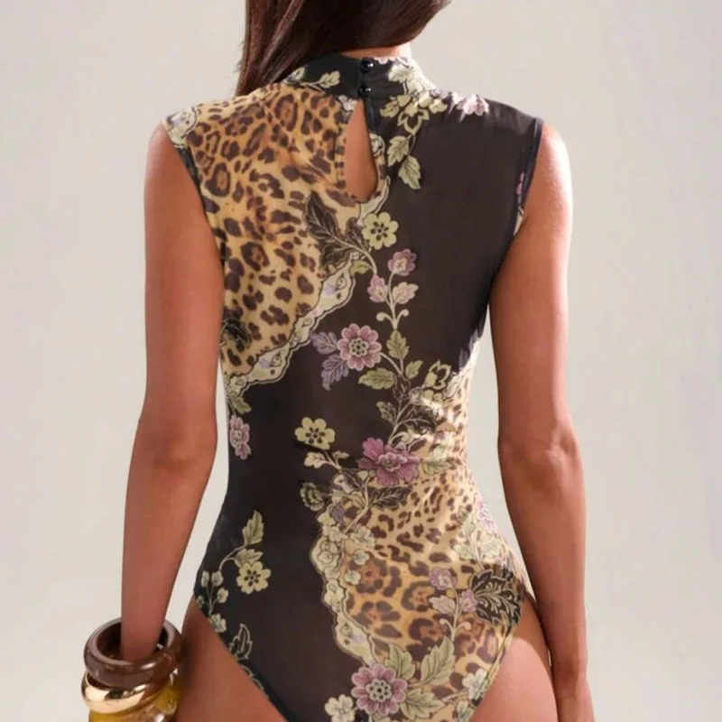 European American Y2K Sexy Hot Girl Bodysuit Summer Hollow Out Printed Stand Collar Sleeveless Ins Fashion Tops