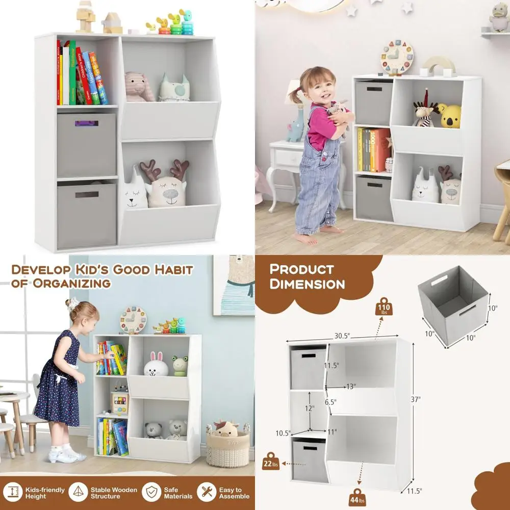 

Деревянный органайзер для хранения детских игрушек с 5 контейнерами для кубов, книжная полка с защитой от опрокидывания, детские книжные шкафы и шкаф