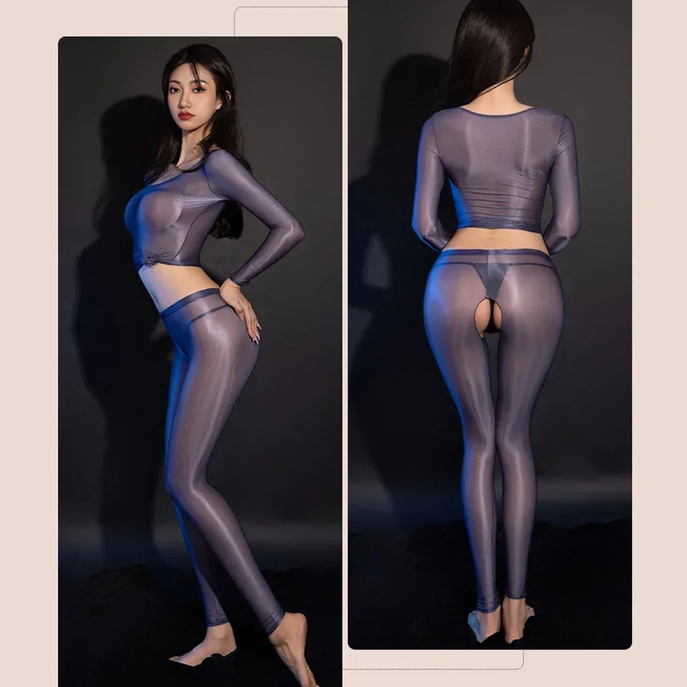 ​Women Oil Sheer Tops Pants Open Crotch Pantyhose Sexy Lingerie Nightwear Clubwear Ultra-Thin Shiny Stockings Smooth Socks A50