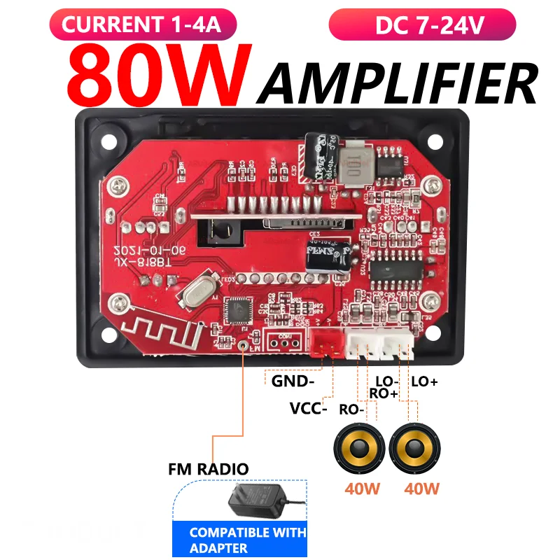 7V-24V 80W Amplifier MP3 Decoder Board Bluetooth 5.0 Wireless Audio Module Big Color Screen Call Recording TF FM Radio For Car