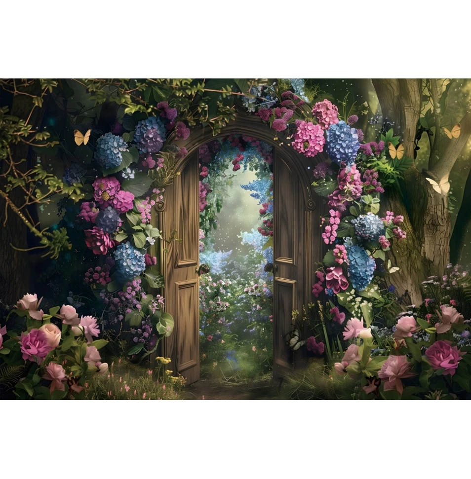 Enchanted Forest Butterfly Flower Arch Door Backdrop Baby Kids Birthday Party Wedding Photography Background Decor Photostudio