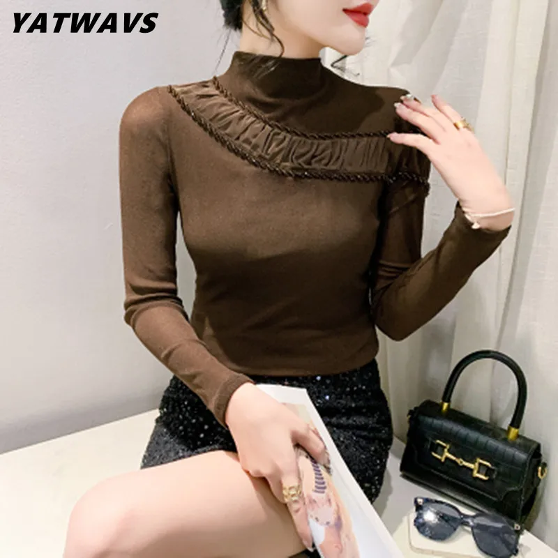 

Fashion New Slim Half High Neck Beaded T-shirt For Women's Spring Long Sleeve Designer Hollow Out Simple Solid Bottoming Shirt