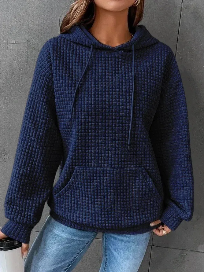 Women's Thick Waffle Knit Crew Neck Sweatshirt with Pocket – Solid Color Hip Length Winter Hoodie for Women's Winter Clothing