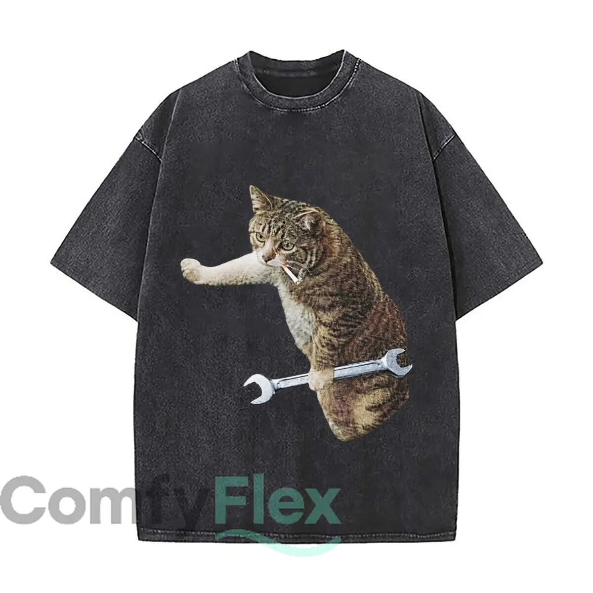 Smoking Cat Holding Wrench Repair Humor Graphic Distressed Faded Baggy Streetwear Tops for Park Hangouts