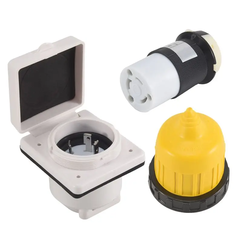 F-F 30AMP RV Power Inlet Outlet Shore Power Kit W/Boot Cord Protector 125V NEMA L5-30P L5-30R Male Female Connector Plug