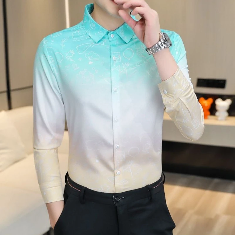 

Мужская рубашка в корейском стиле с длинным рукавом, осенняя, с цветными блоками и градиентом, модная, крутая, новинка 2026 года