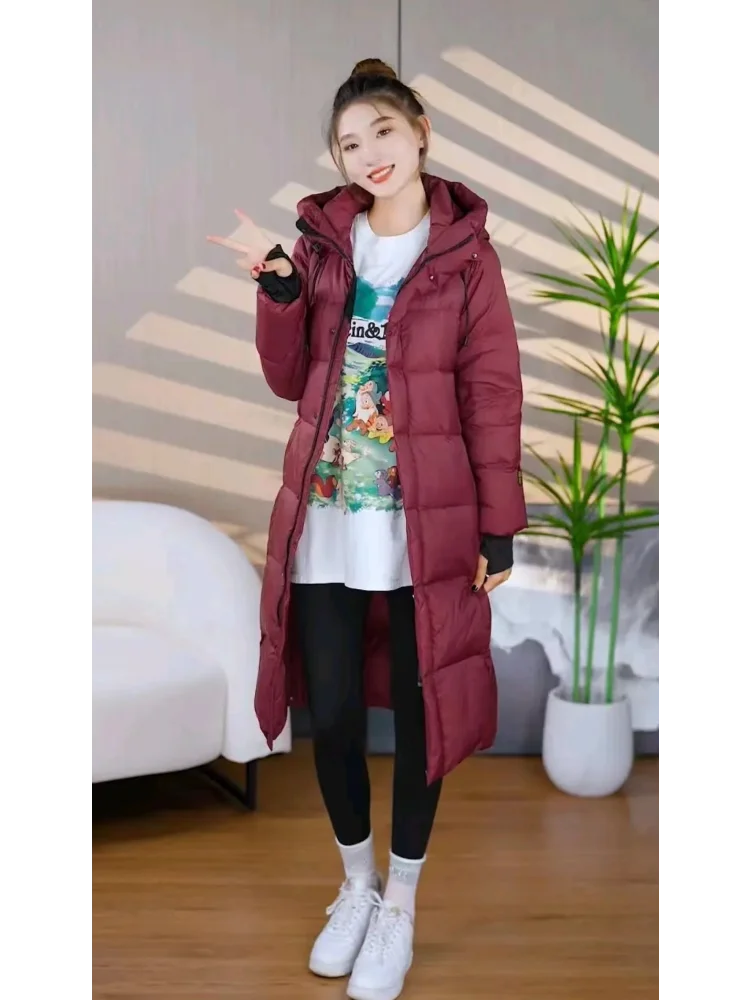 White Duck Down Coat for Women, Hooded Jacket, Medium Length, Korean Version of the Fashion Coats, Winter, New, 2024