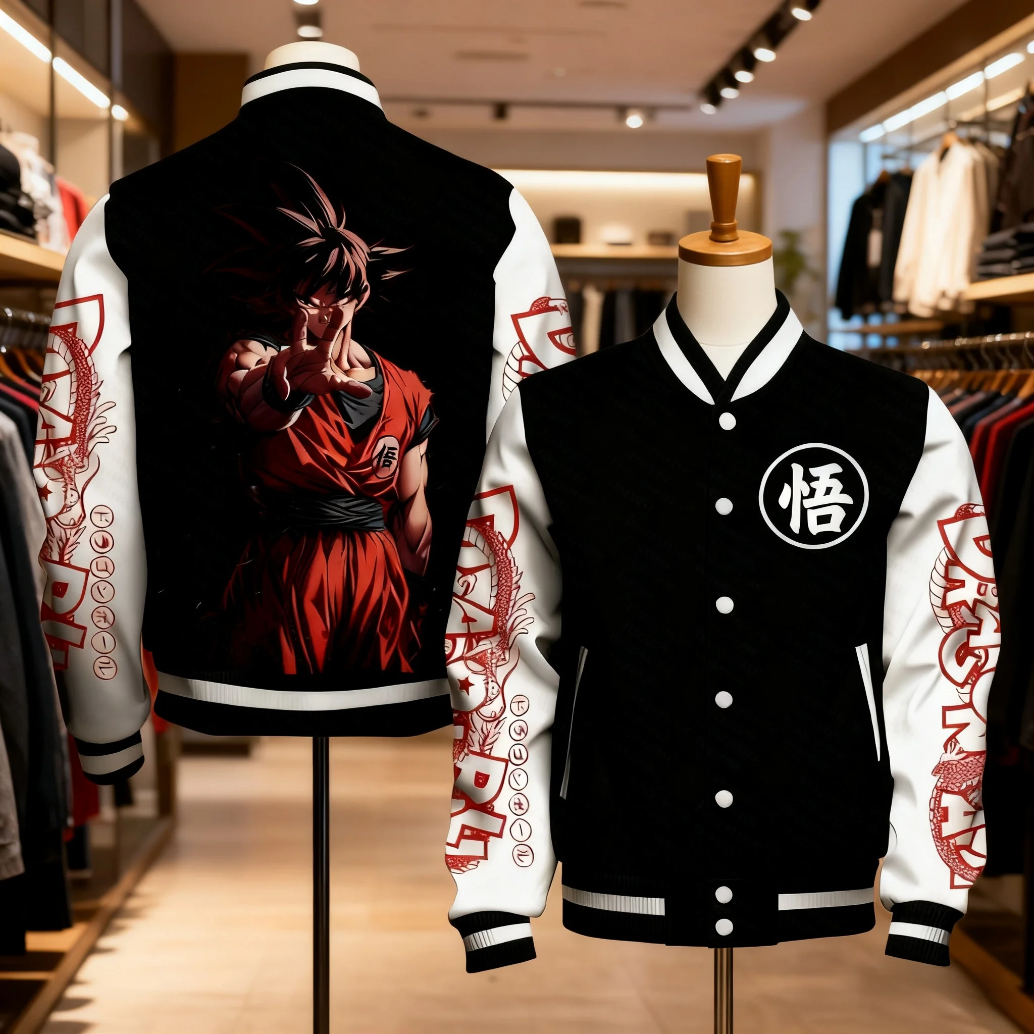 

Unisex Baseball Jacket Goku Super Saiyan Back Print Red Hair Wu Kanji Chest Logo Dragon Ball Sleeve Black White Red Design