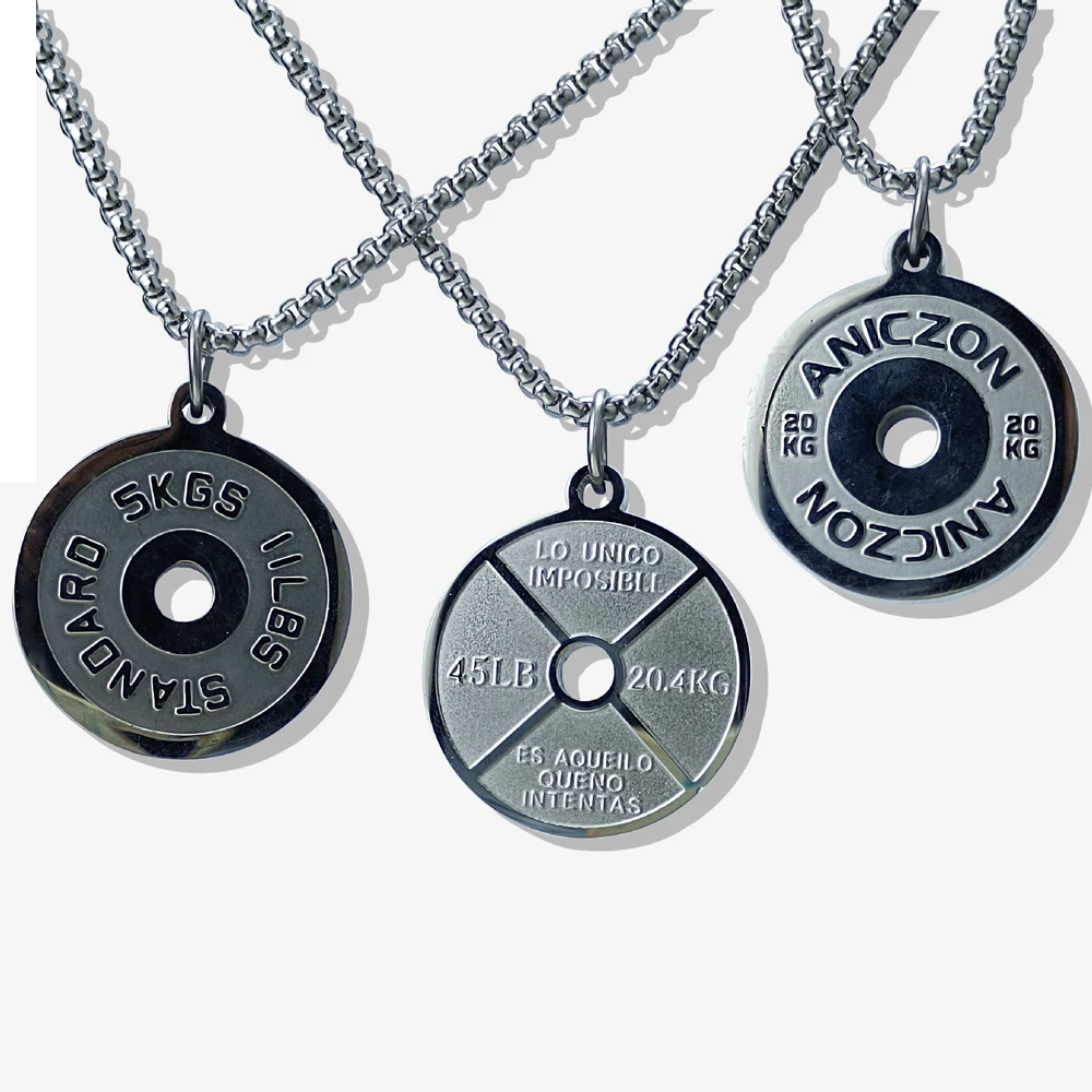Men Women Stainless Steel Dumbbell Pendant Necklace Weightlifting Barbell Necklaces with Chain Gym Plate Necklace