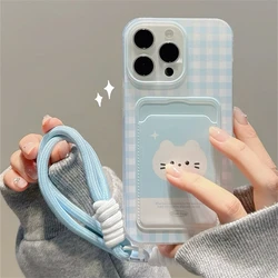 Cute Cartoon Cat Lattice Wallet Card Case For iPhone 15 14 13 12 Pro Max Korea INS Bracelet Letter Anti-fall Soft Back Cover