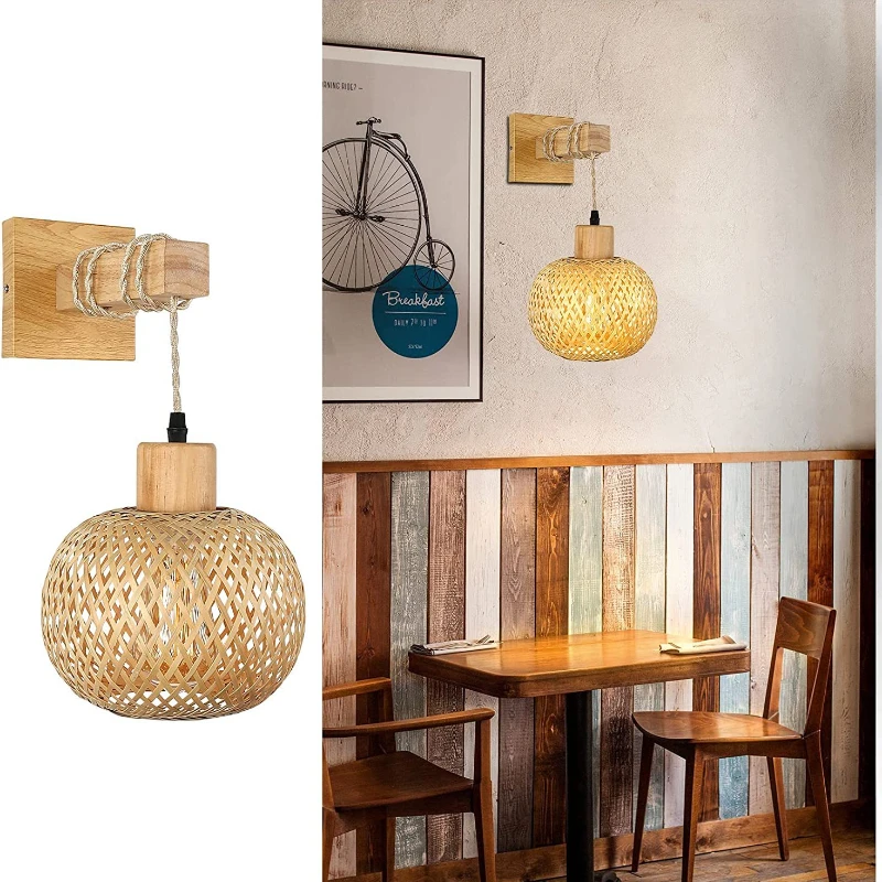 

E27Handwoven Chinese style bedroom wall lamp restaurant home decoration lamp bamboo wall hanging lamp wall decor led lights BR