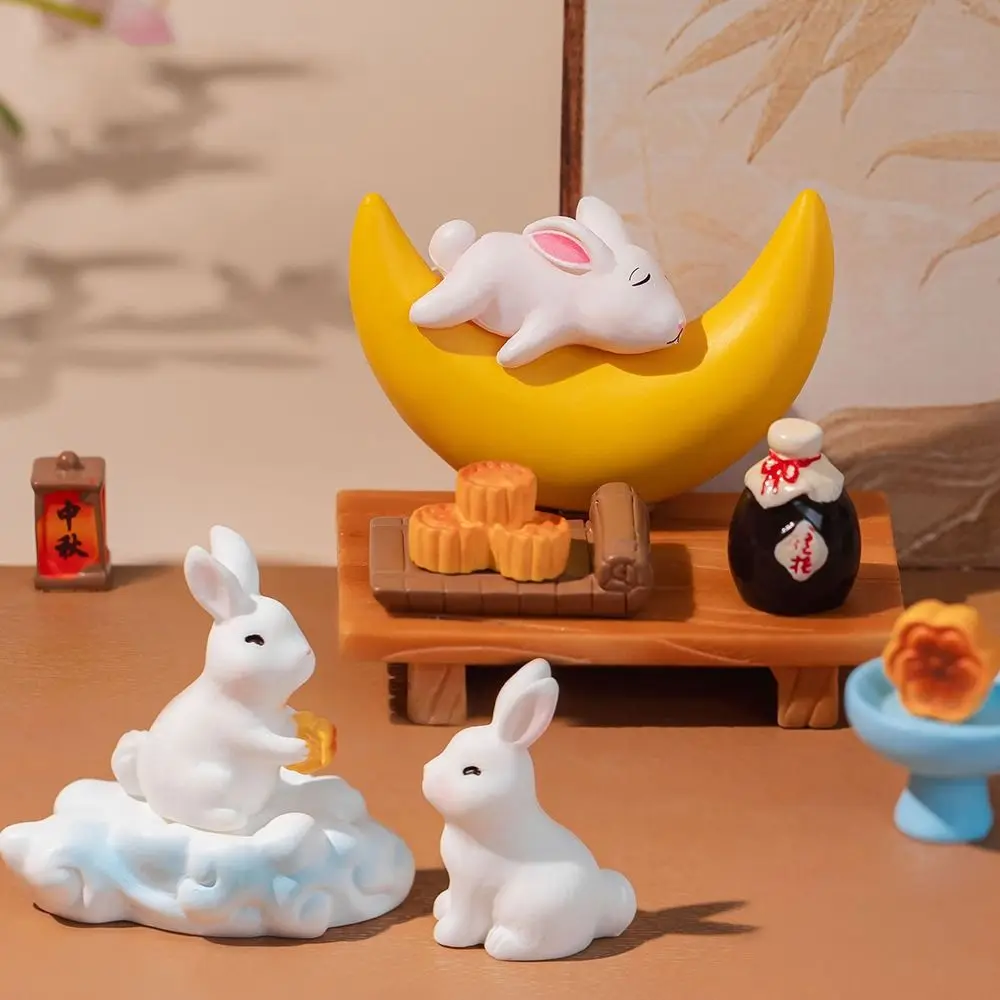 Cute Moon Cake Rabbit Miniatures Realistic Chinese Style Mid-Autumn Rabbit Ornaments DIY Resin Crafts Micro Landscape Decoration