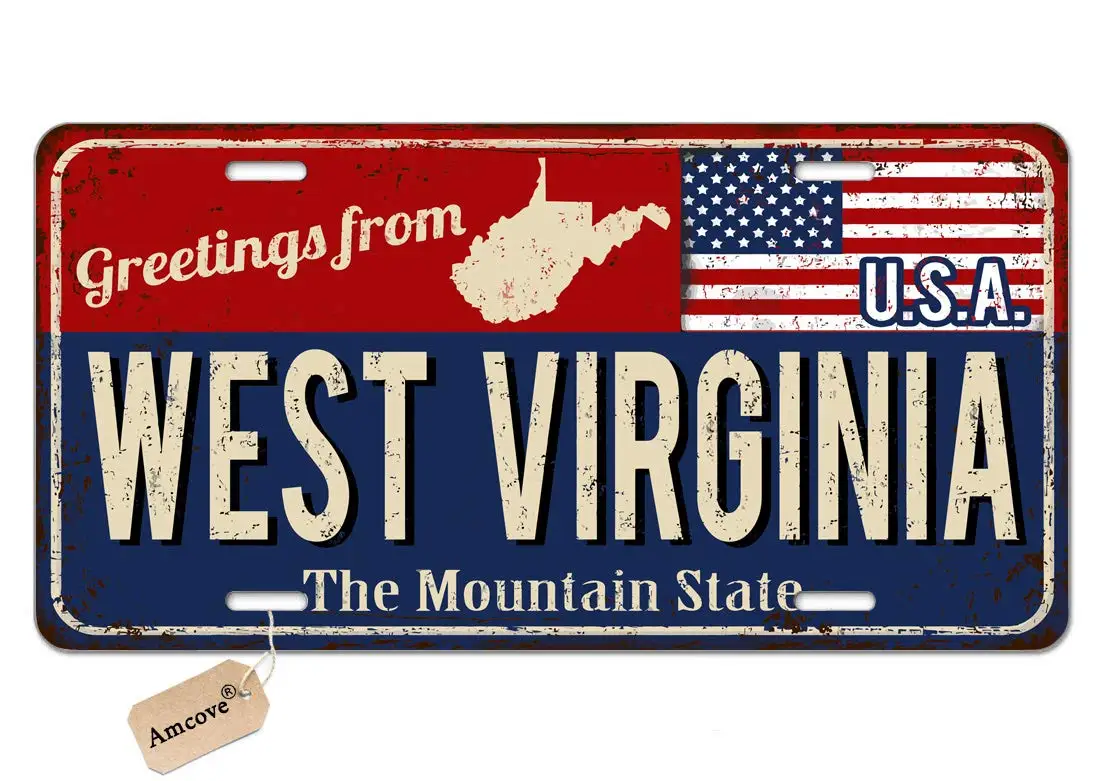 License Plate Greetings from West Virginia Vintage Rusty Metal Sign with American Flag Automotive high Gloss Metal License Plate