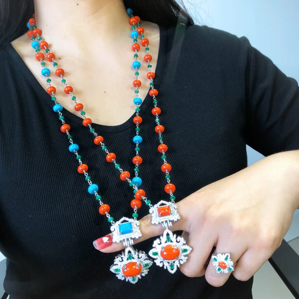 

Soramoore New Original Necklace Earrings Jewelry Sets Luxury Turquoise For Women Bridal Wedding Russia Dubai Bridal Party Gift