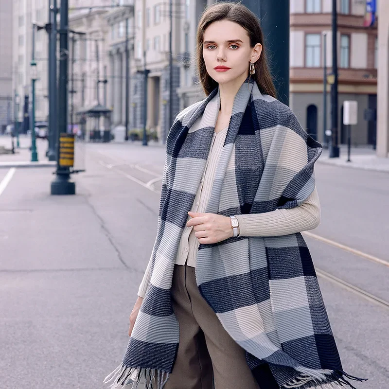 Écharpe à Carreaux en Cachemire Chaud pour Femme, Long Bandana, Pashmina, Châle à Pompon, Collection Hiver 2023