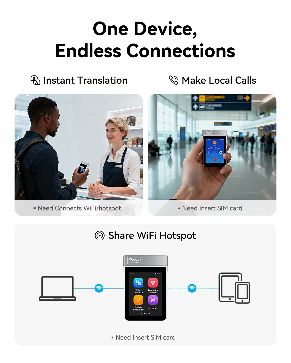 Wooask A9 Smart Translator Earbuds - 144 Languages, No App Required