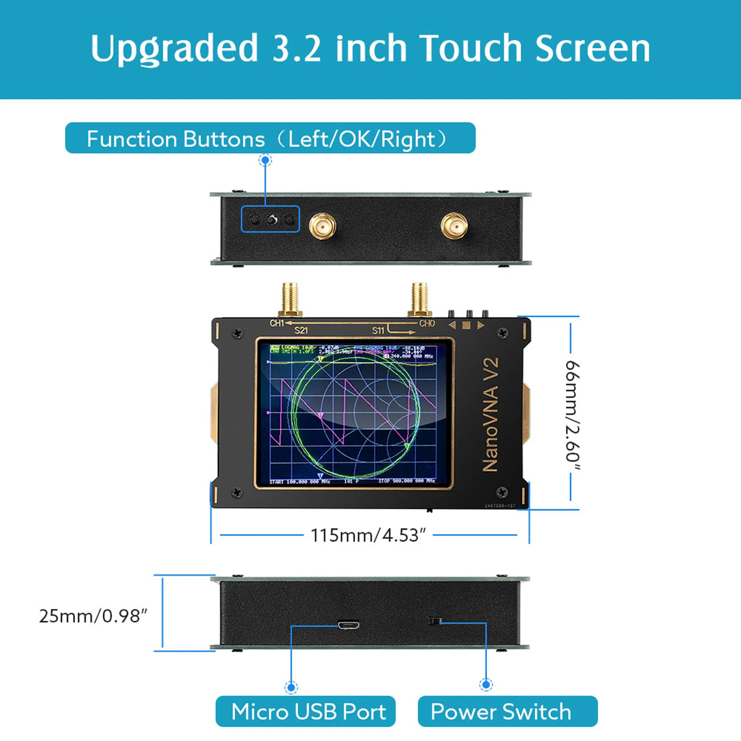 New 3.2 inch LCD Display NanoVNA SAA-V2 10KHz -3GHz HF VHF UHF Vector Network Analyzer Antenna Analyzer + Battery