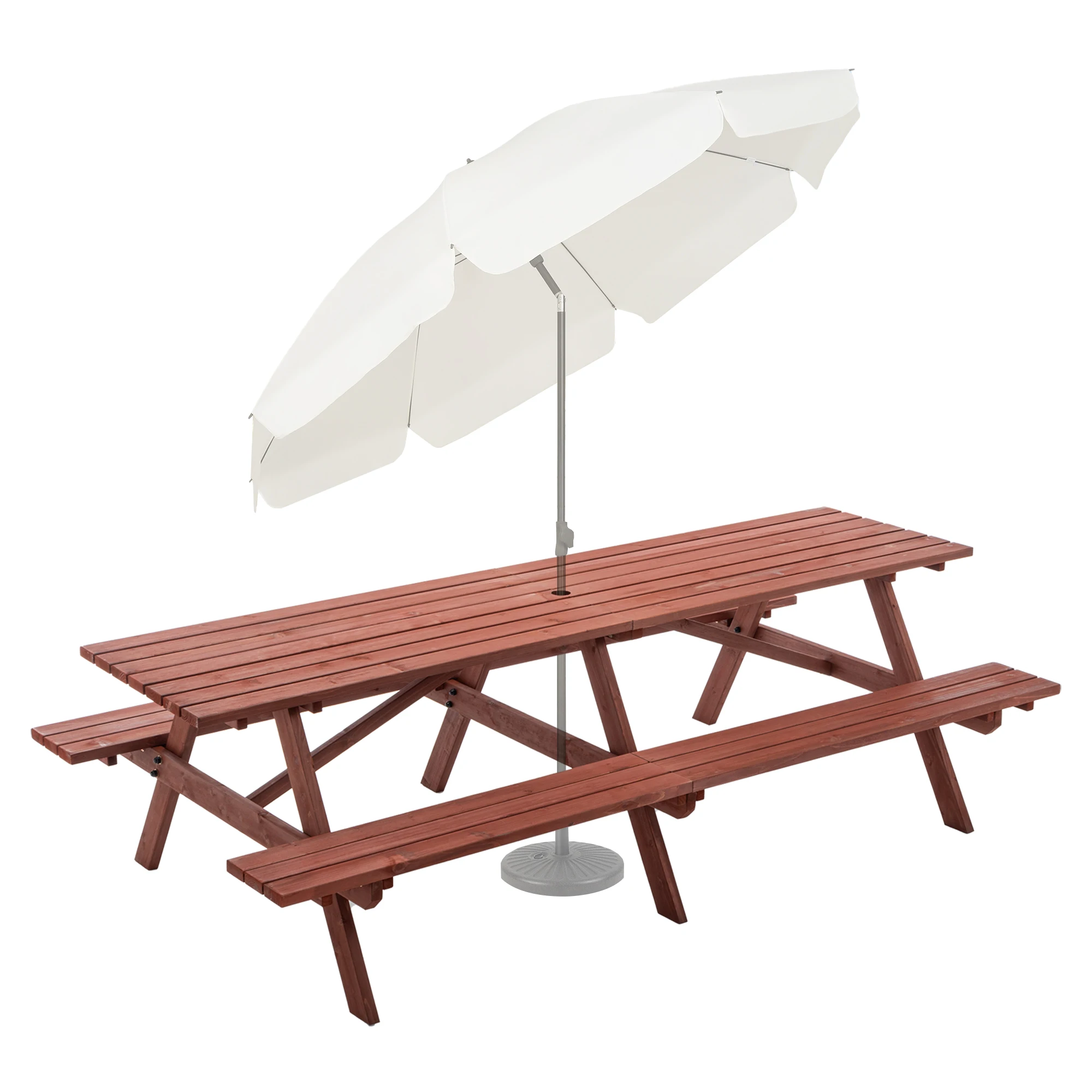12 Person 95 Inch Solid Hardwood Outdoor Picnic Table Set Built in Benches Umbrella Hole Rustic Brown Garden Furniture Patio Yard