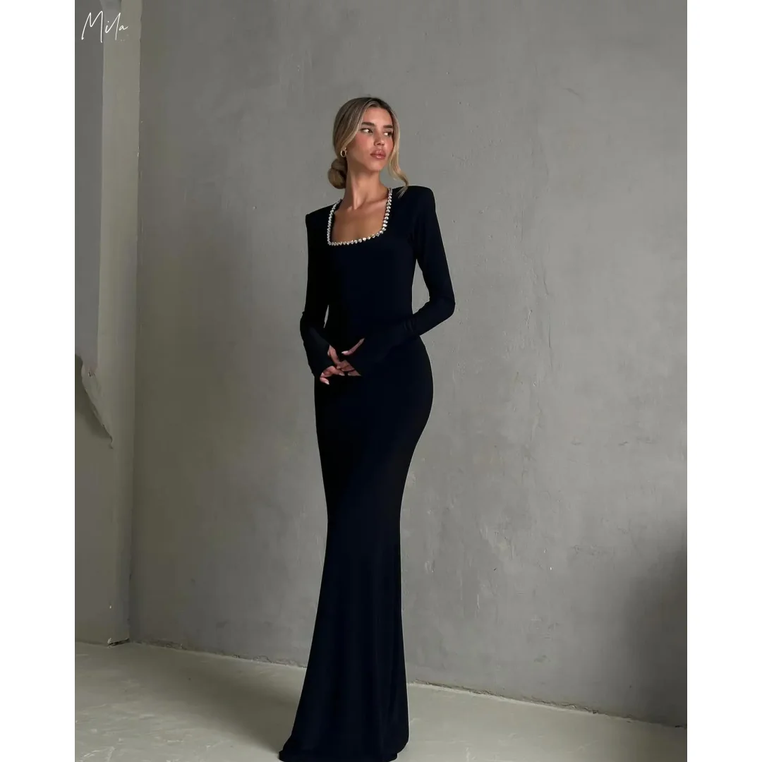 

Mila Customized Square Collar Long Sleeve Satin Evening Dresses Crystal Ornament Party dresses Floor-Length Mermaid prom dresses