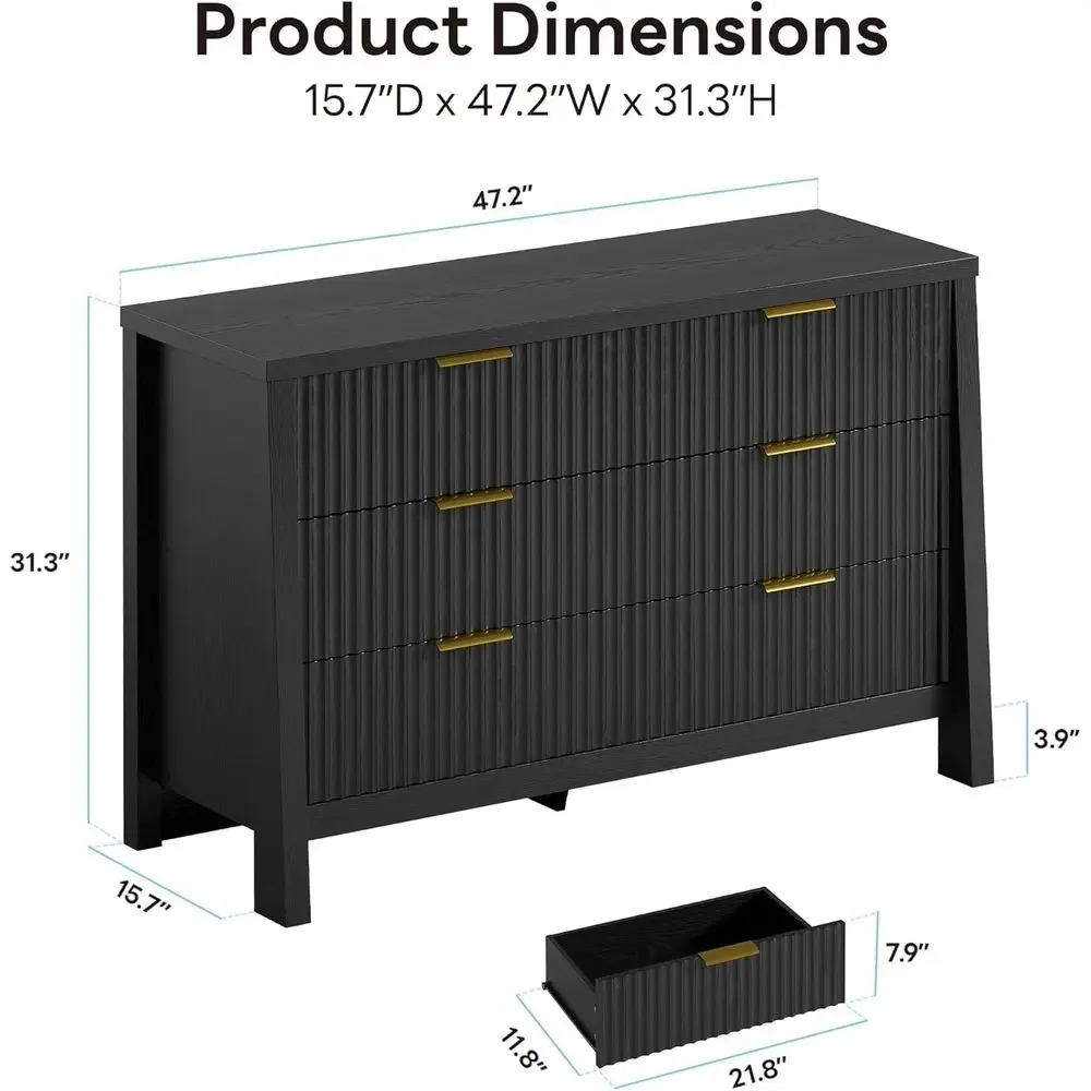 6-Drawer Wide Dresser with Metal Handles for Bedroom, Living Room, Entryway, Hallway in Black