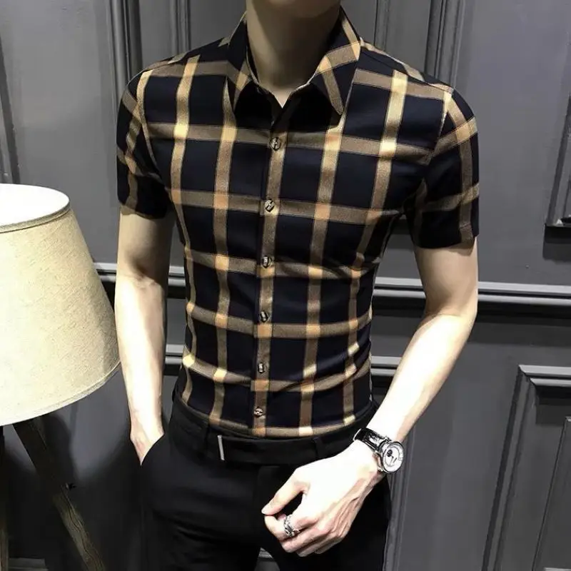 Summer Fashion Trend Casual Business Versatile Lapel Plaid Print Slim Fit Short Sleeved Men\'s Oversized Single Breasted Shirt