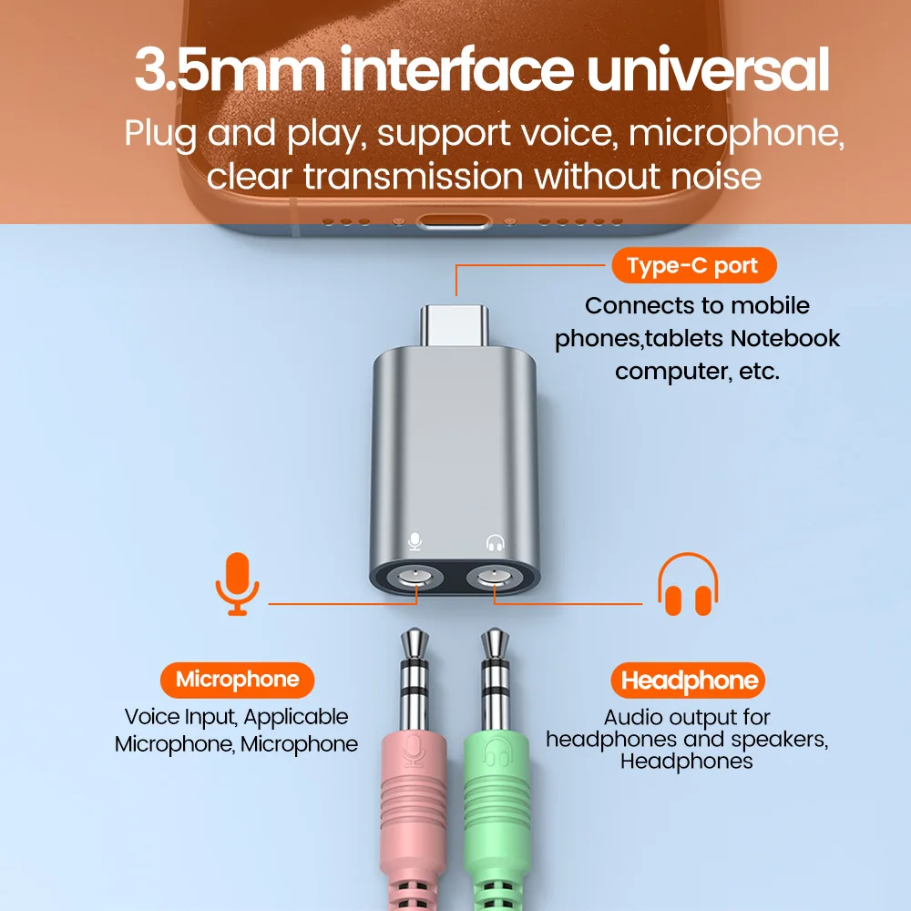 Elough Type C To 3.5mm External Sound Card Adapter USB C 3.5mm Audio Converter Suitable for Phone laptop headphone microphone