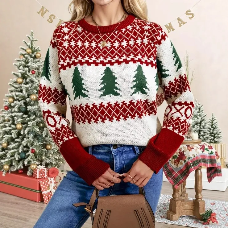 

Women's Winter New Christmas Tree Matching Diamond Pattern Women's Round Neck Long Sleeve Knitted Sweater