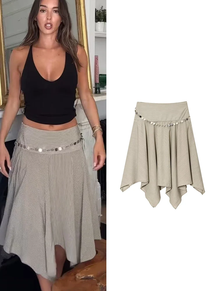 

TFMLN Women Striped Print Asymmetrical Skirt Summer New Chic Metal Belt Decoration Midi Skirts Ladies Fashion Street Wear