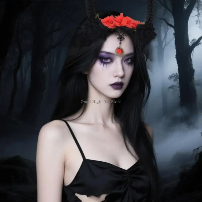  Delicate Mesh Veil Devil Horn Hair Accessory Flower Headbands Gothic Rose Detail Suitable For Adults Cos Event
