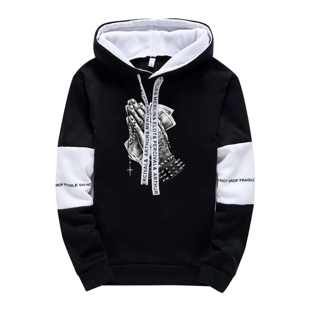 

Men's Hooded Tracksuit Hands Print Stitching Color Hoodies Clothe Man Sportwear Leisure Fashion Streetwear Sweatshirt for Male