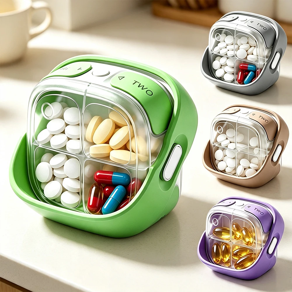 1/2Pcs Rotating Magnetic Pill Organizer with 4 Compartments, Leak-Proof Travel Pill Box Case for Fish Oil Vitamins Medications