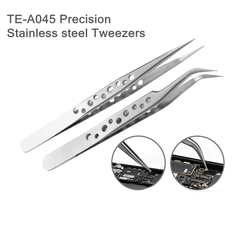 TE-A045 Electronics Industrial Tweezers Anti-static Curved Straight Tip Precision Stainless Forceps Phone Repair Hand Tools Sets