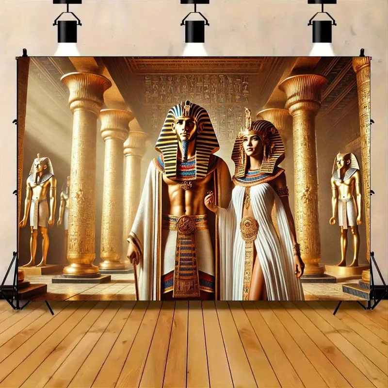 1 cartel de fondo de foco de faraón egipcio antiguo y reina: con diseño de pilares, templos y Bast dorados.