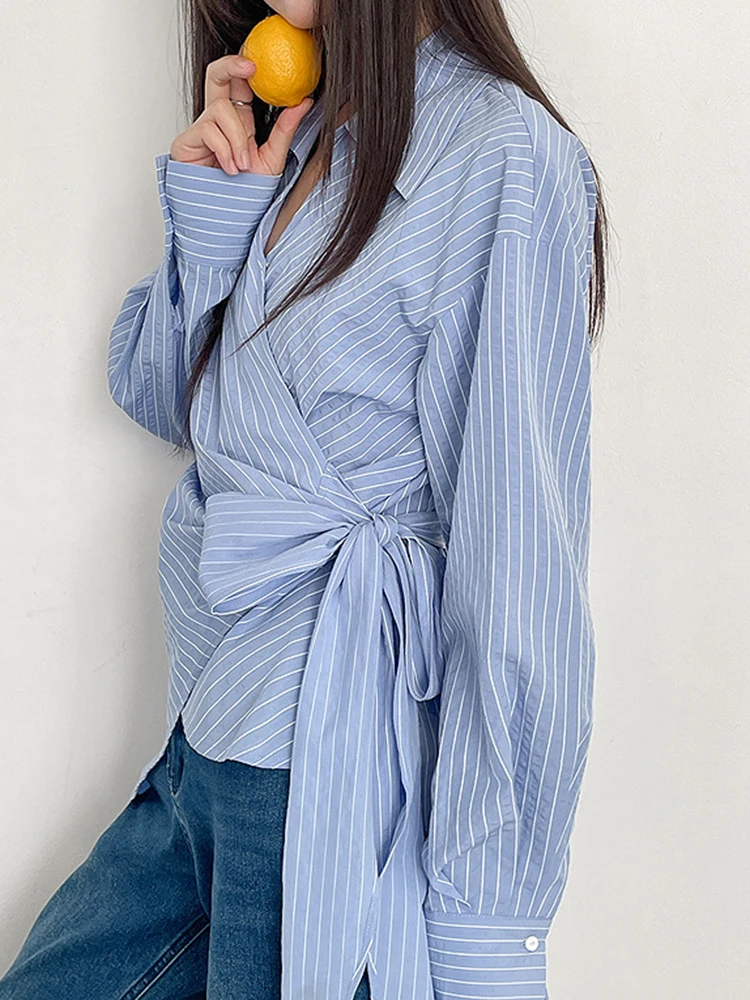 YERMORA Blue Striped Irregular Bandage Casual Blouse For Women Lapel Long Sleeve Loose New Shirt Fashion Tide Spring Autumn 2025