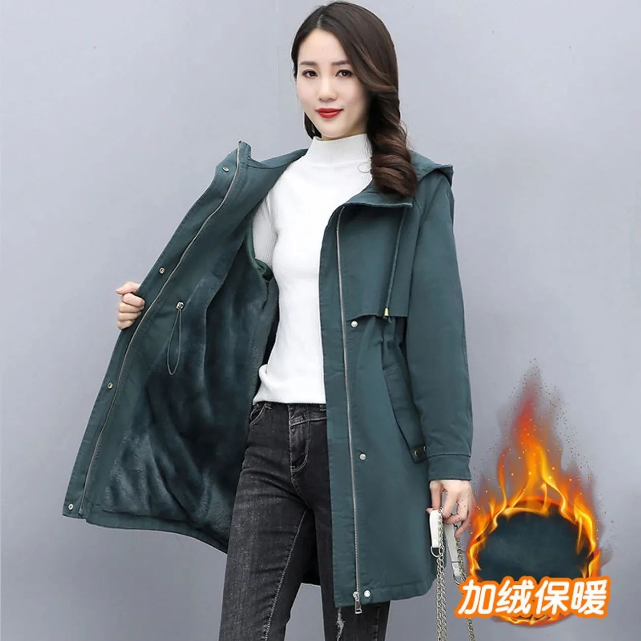 Women's Coat 2025 New Winter New Tooling Drawstring Plush Thick Hooded Coat Female Warm Parka Jacket Lady Casual Long Overcoat