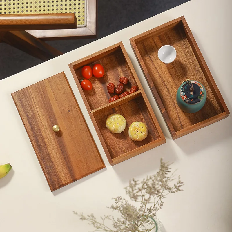 Walnut Double-layer Dried Fruit Tray with Wooden Lid Home Candy Acacia Storage Box Multi-layer Stackable