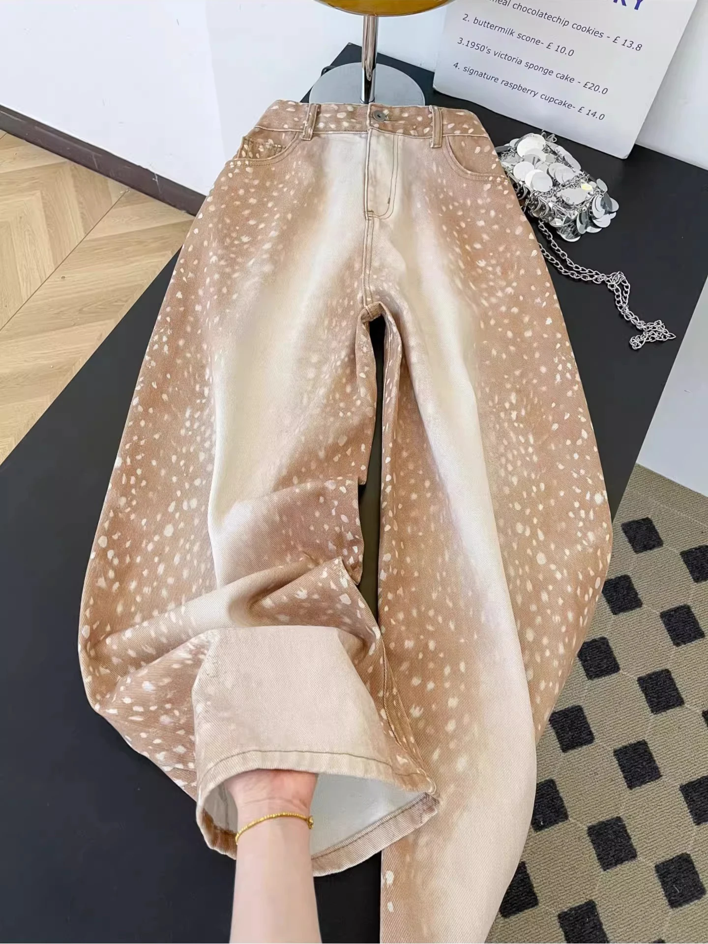 

Retro Washed Deer Leopard Print Wide Leg Jeans Women's Loose Slimming Drapey Knife Pants Comfortable Casual Denim