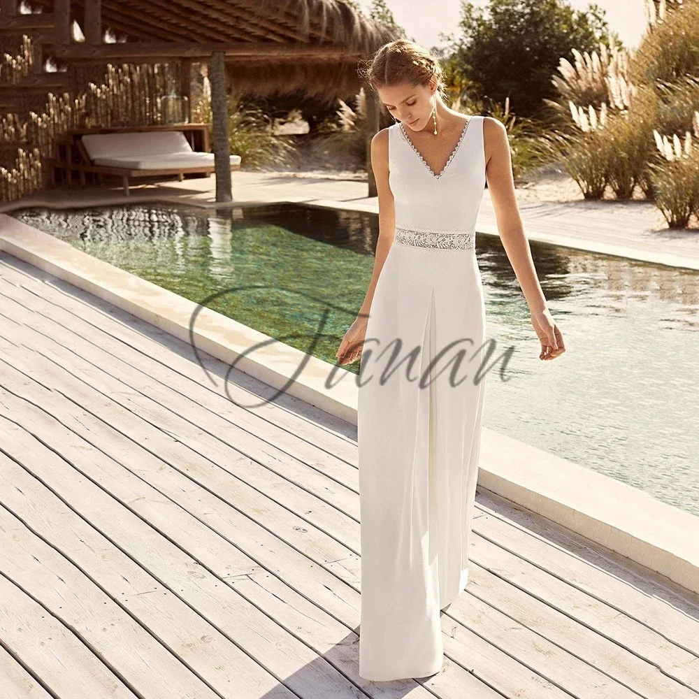 Customized V-Neck Sleeves Pant Suit Wedding Dresses Ivory Sheath Jumpsuit Satin  Gowns Beading Belt Backless Bridal Dress