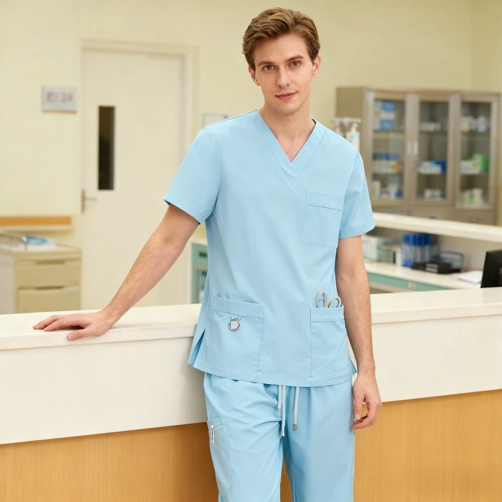 Nieuw product 2025, sneldrogende elastische handwaskleding, hetzelfde voor mannen en vrouwen, dokterskleding, tweedelige set