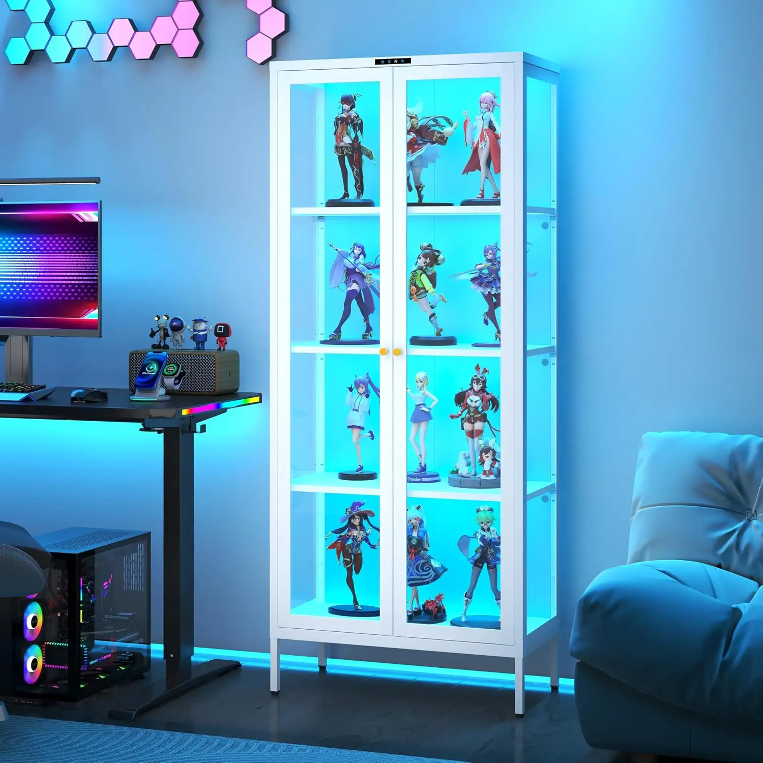 Display Cabinet Glass Door 8 Color Light Collectible Storage Shelf, Customized