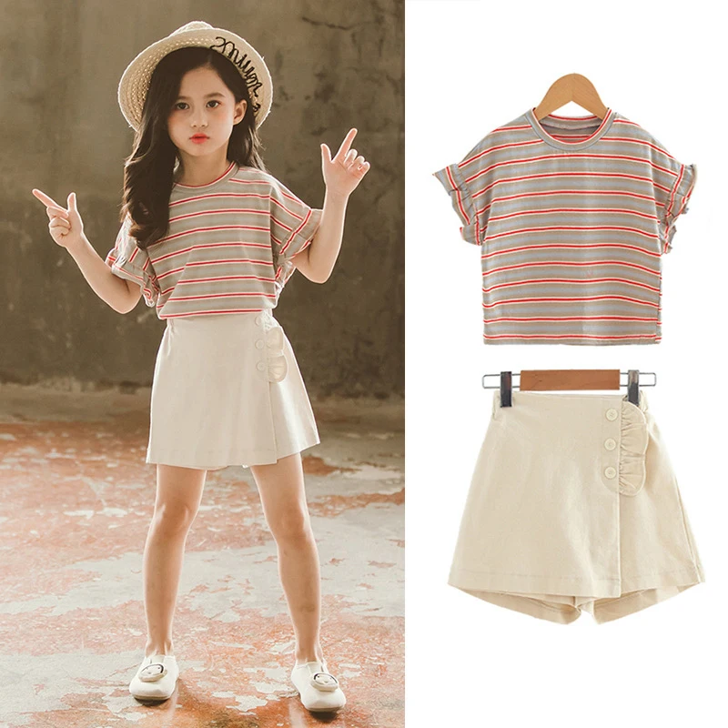 Teen Girls Clothing Sets Summer Fashion Korean Style Top And Shorts Little Princess Suit 4 5 6 7 8 9 10 11 12 Years Kids Clothes