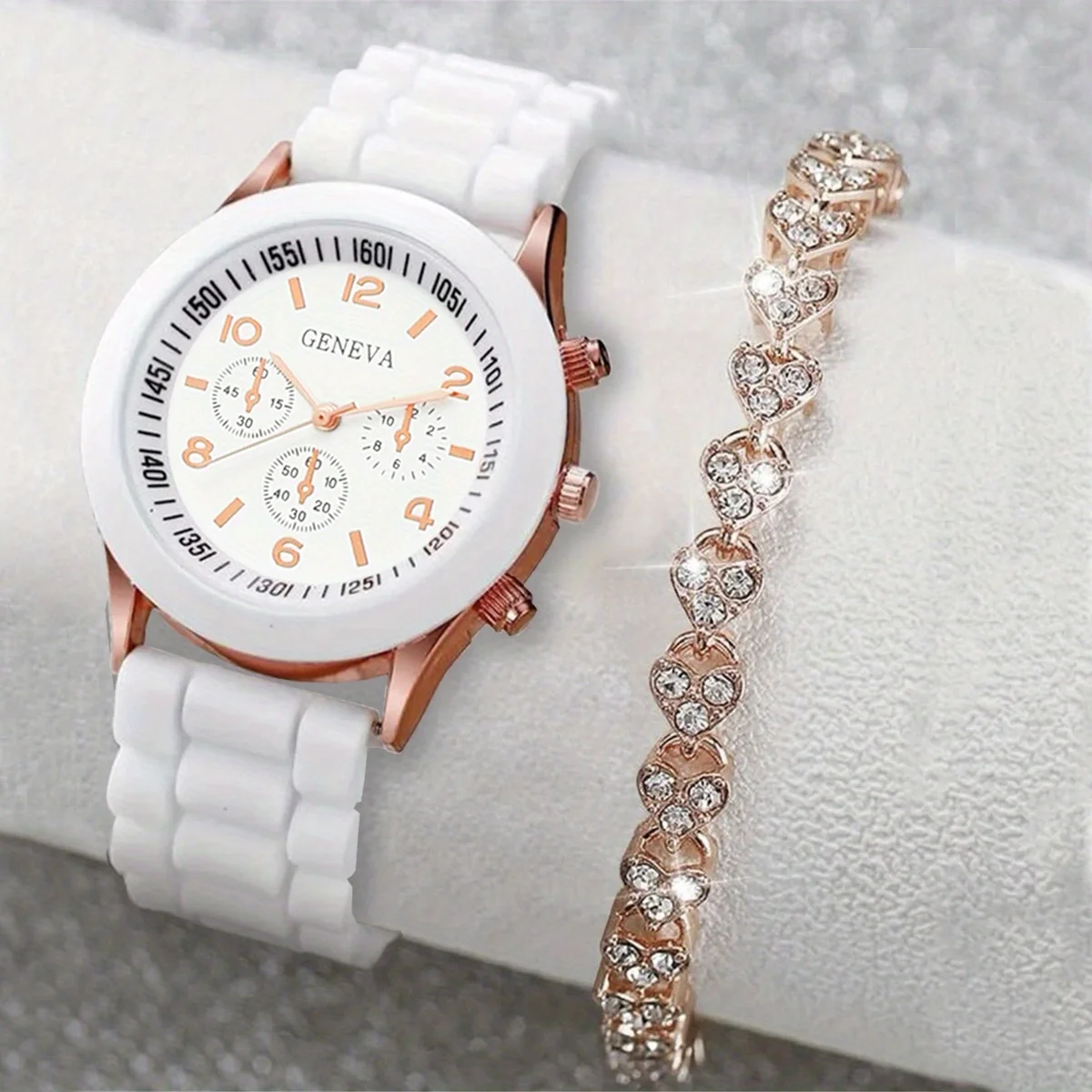 1pc Casual Round Pointer Quartz Watch Analog Silicone Wristwatch & 1pc Bracelet, Gift For Women Girls Students