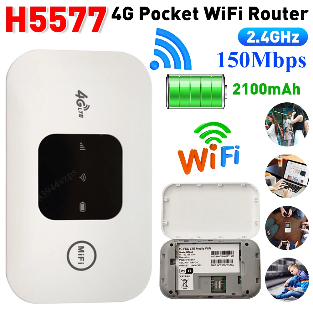 

4G Pocket WiFi Router Portable Mobile Hotspot 150Mbps Wireless Modem 2100mAh Broadband with SIM Card Slot Wide Coverage