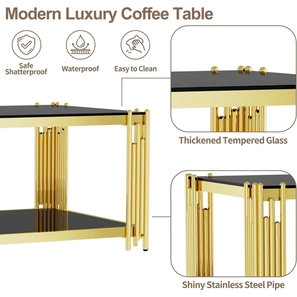 Glass Coffee Table 43" Modern Living Room Table Gold Stainless Steel Metal Leg Rectangular Tempered Glass Luxury Center Tables