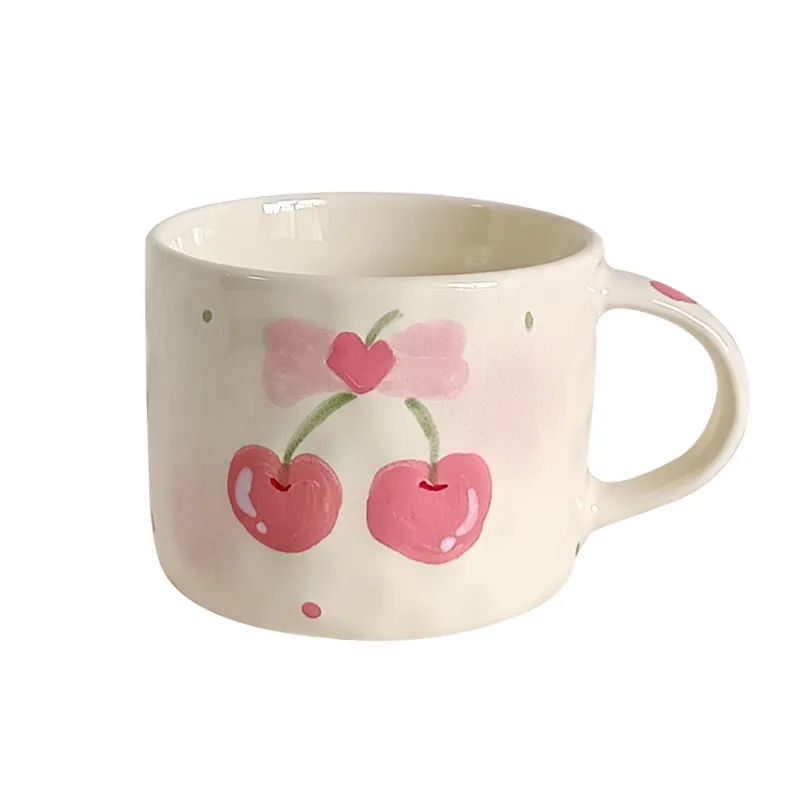 Cute Hand-Painted Cherry Ceramic Mug Plate Set,Pink Bow Design Coffee Cup Kawaii Breakfast Tableware for Dessert,Gift for Girls