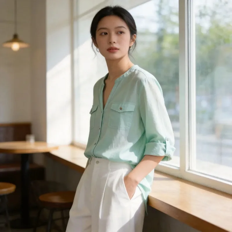 

Women V Neck Pocket 3/4 Roll Sleeve Loose Casual Chiffon Shirt Blouse
