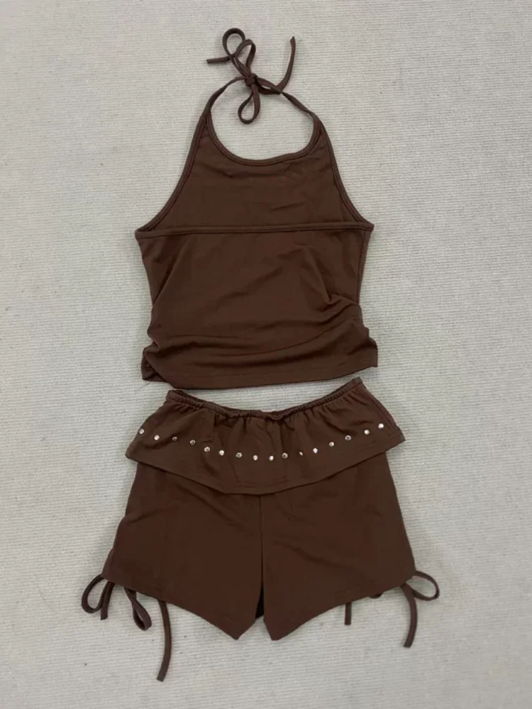 Harajuku estética calle clásico cordón tres partes pantalones cortos moda versátil sólido cuello corbata Metal Rhinestone chaleco ajustado conjuntos