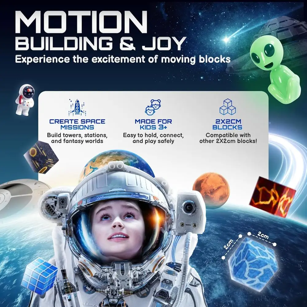 บล็อกแม่เหล็ก STEM สำหรับเด็กอายุ 3 ปีขึ้นไป - ชุดธีมอวกาศพร้อมลูกบาศก์เรืองแสง