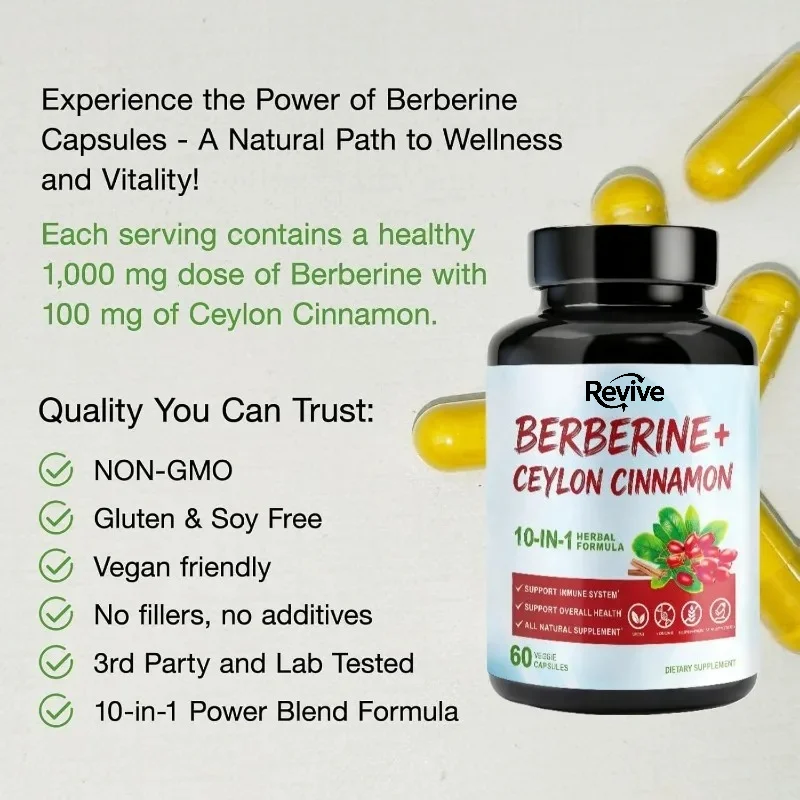 10 in 1 Berberine 1000mg Contains Ceylon Cinnamon and Chromium Picolinate for Metabolism and Immune Support (60 Capsules)